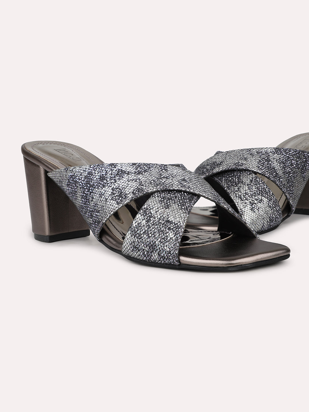 Womens Pewter Party Wear Printed Open toe Block Heel Mules