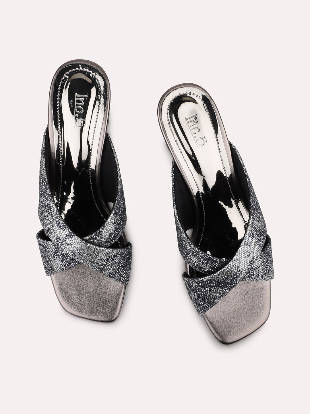 Womens Pewter Party Wear Printed Open toe Block Heel Mules