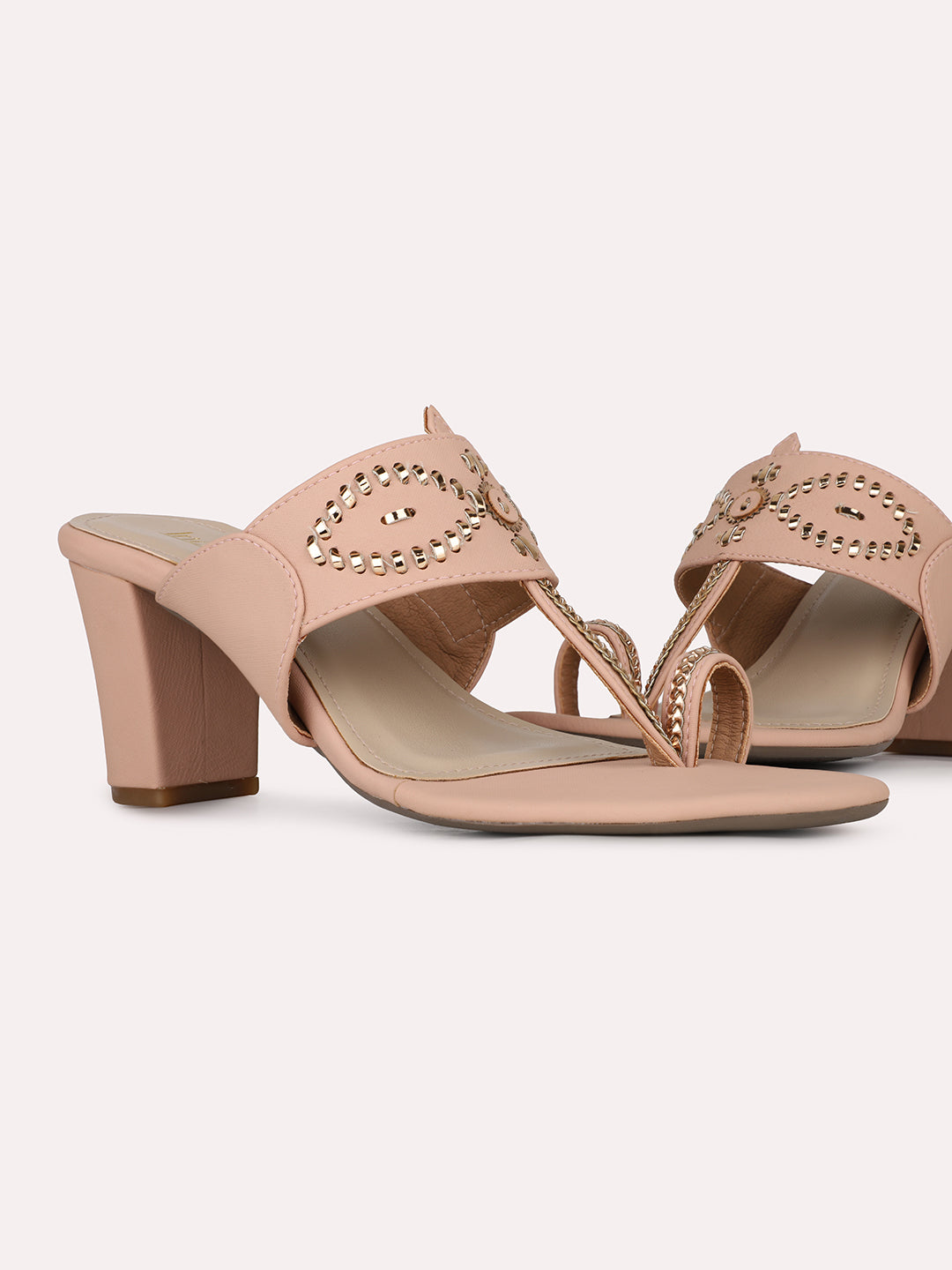 Womens Peach Solid Round Toe Party Wear Block Heels Sandals