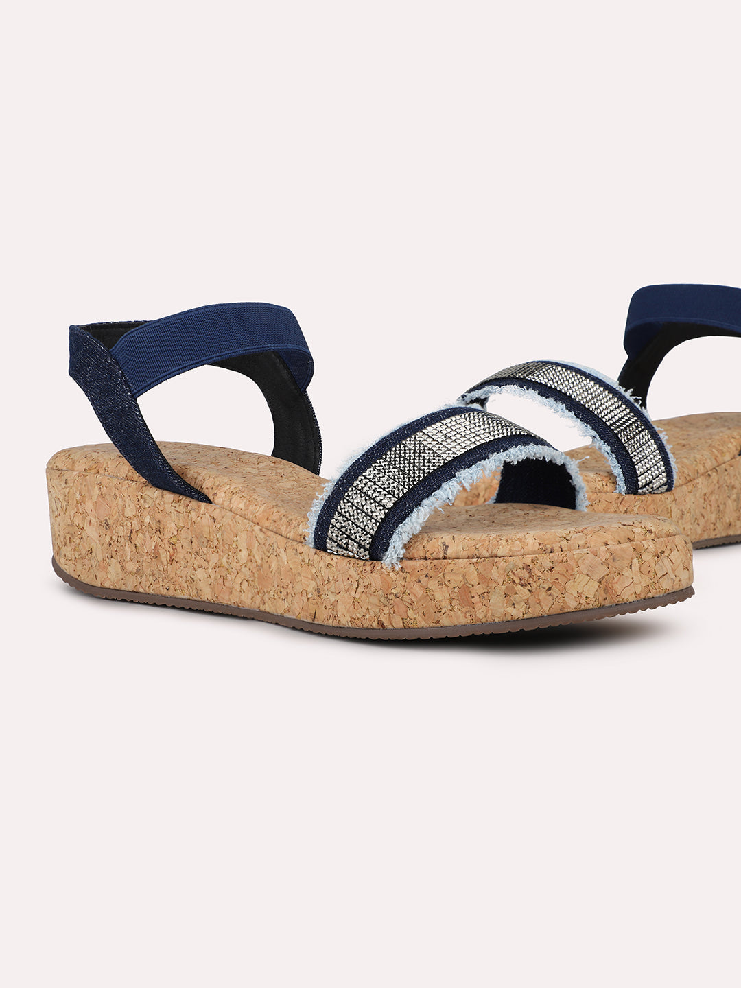 Women Navy Cork Finish Embellished Wedge Heels With Backstrap