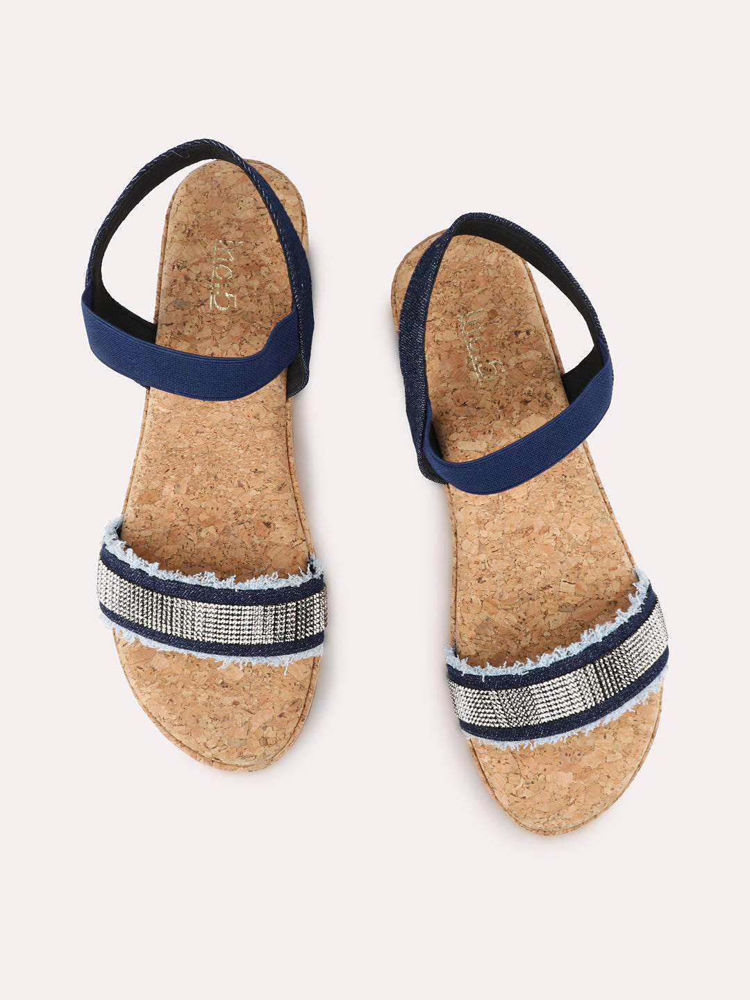 Women Navy Cork Finish Embellished Wedge Heels With Backstrap