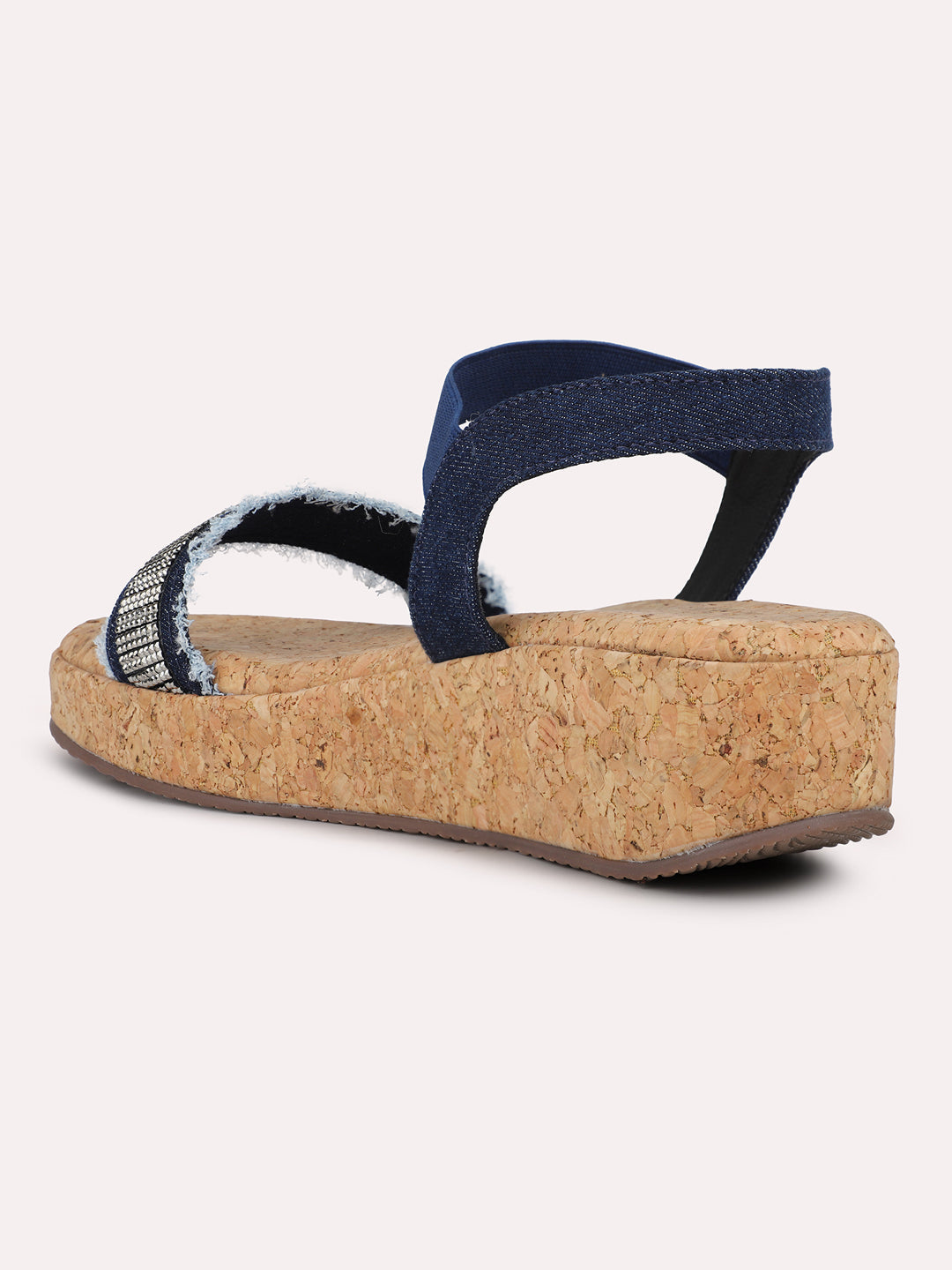 Women Navy Cork Finish Embellished Wedge Heels With Backstrap