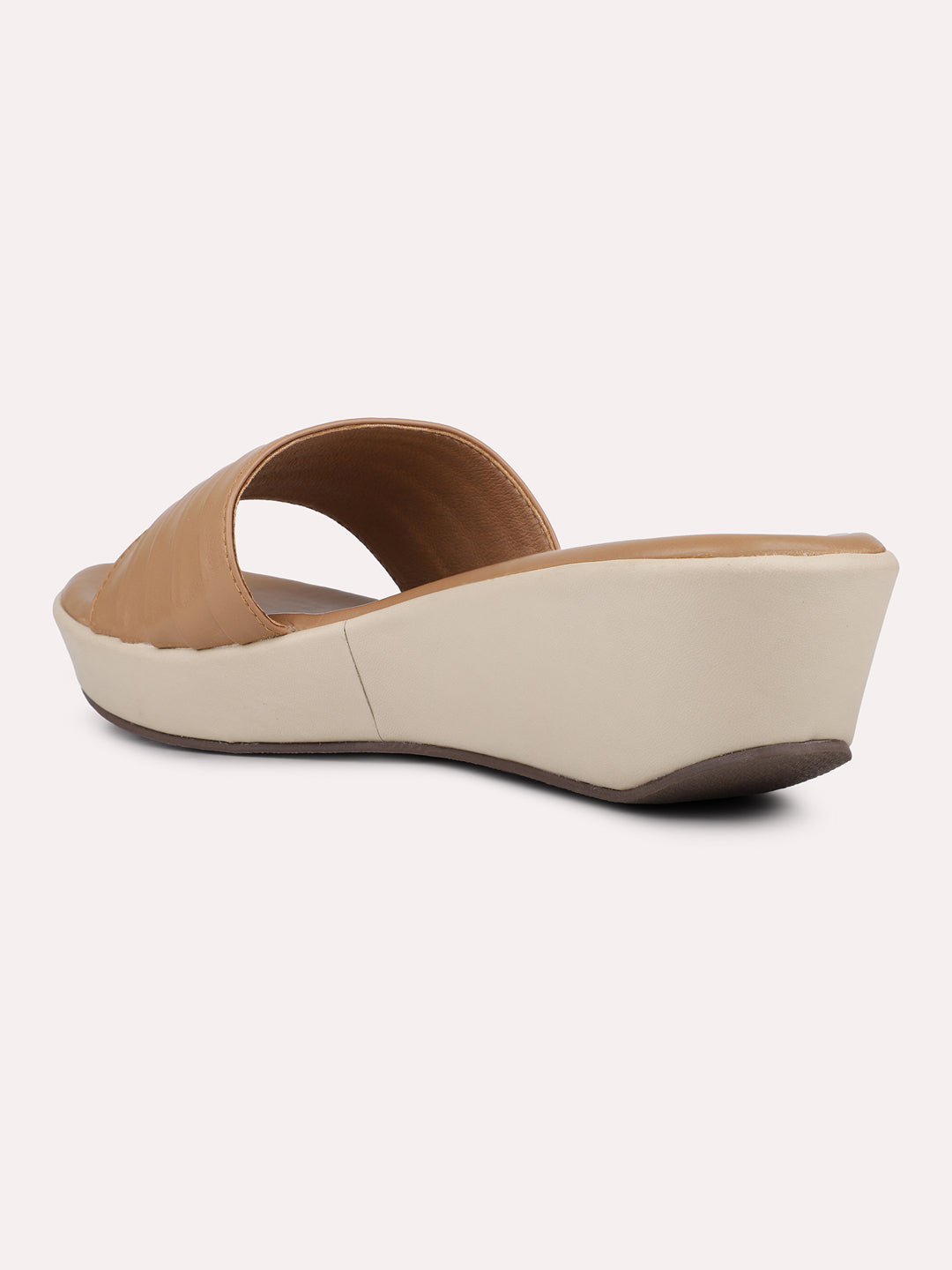 Womens Tan Casual Solid Round Toe Wedge Mules