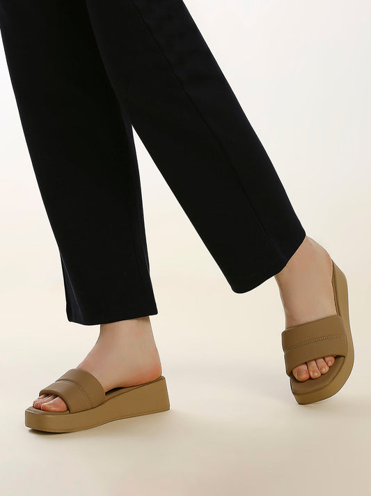 Womens Beige Casual Open toe Flatform Heel Mules