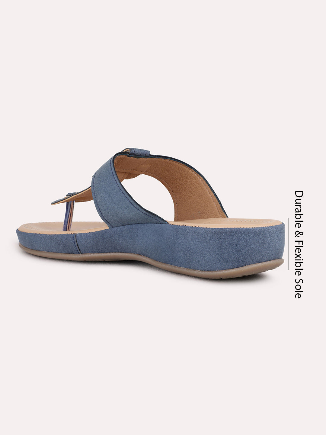 Womens Blue Casual Solid T-Strap Flats