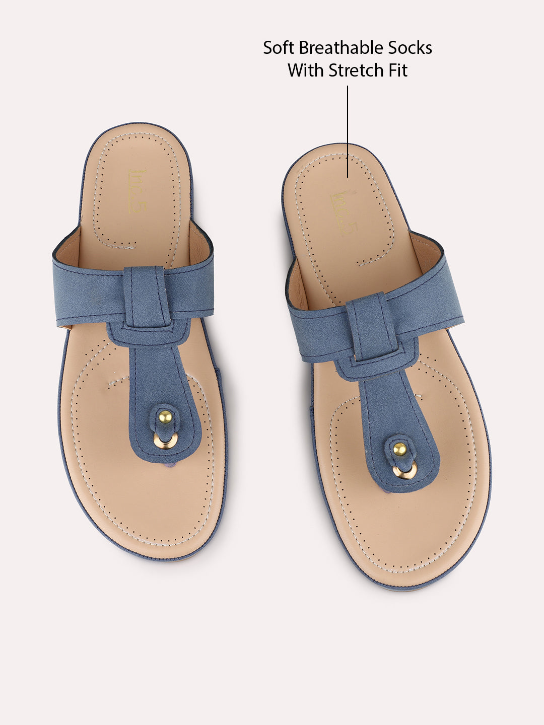 Womens Blue Casual Solid T-Strap Flats