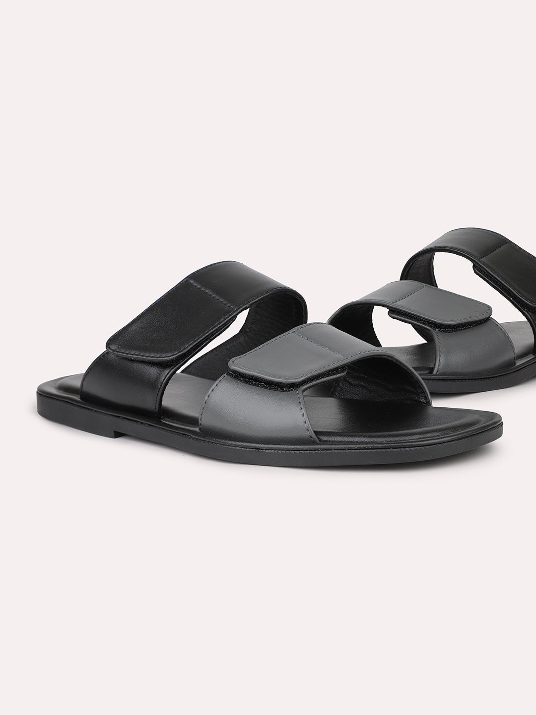 Men Black/Grey Leather Comfort Sandals