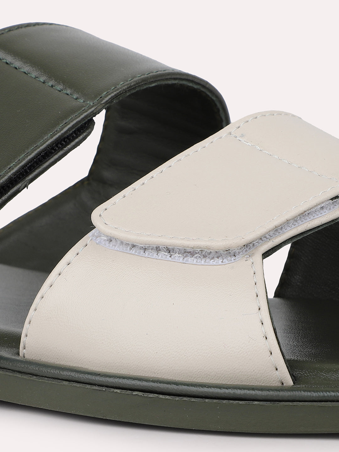 Men Olive-Beige Leather Comfort Sandals