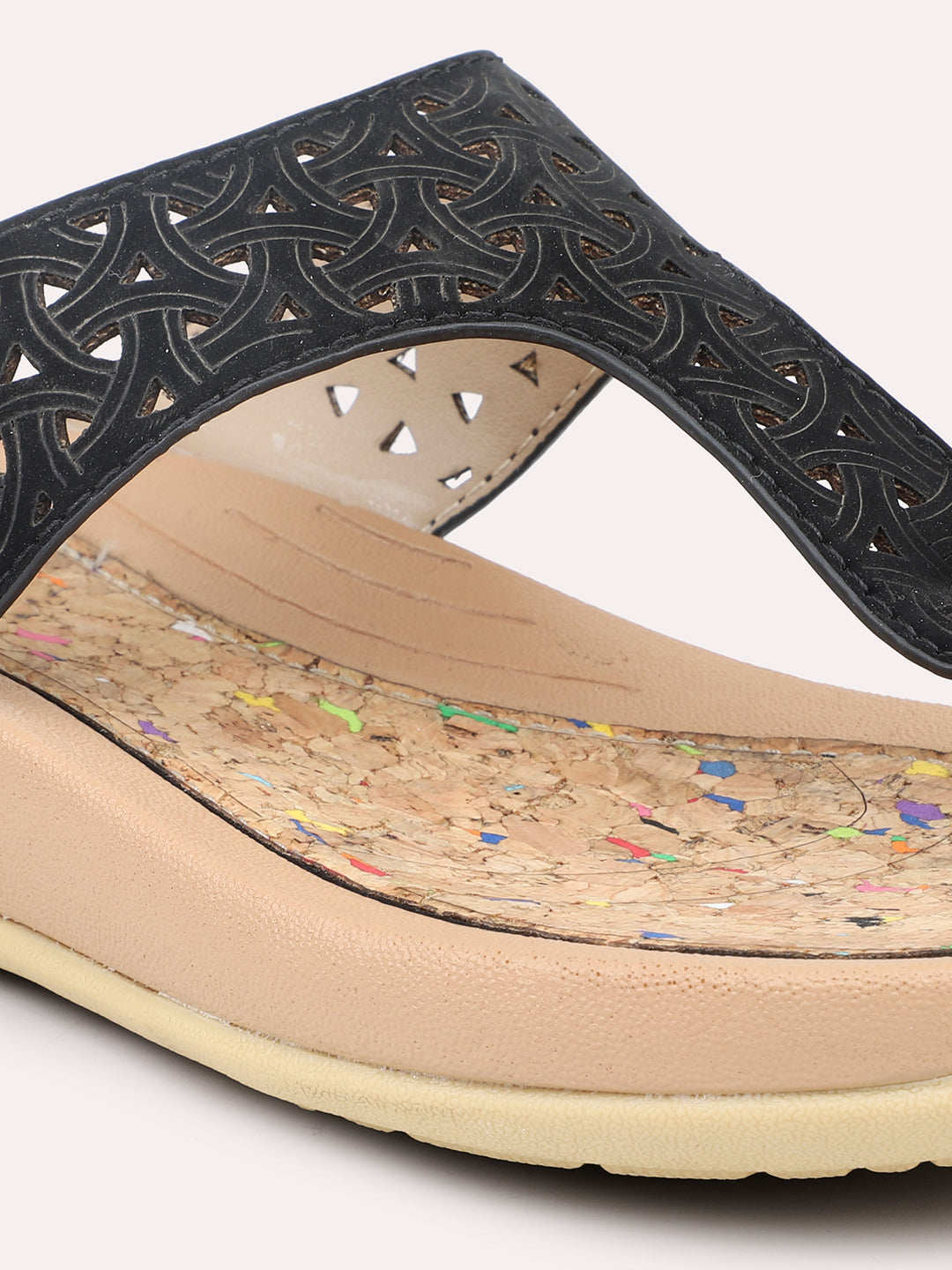 Women Black Textured T-Strap Flats with Laser Cuts