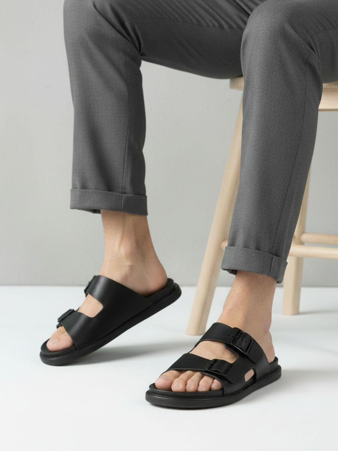 Mens Black Casual Solid Open Toe Slip-On Flats