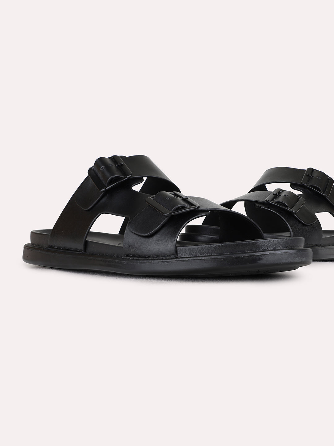 Mens Black Casual Solid Open Toe Slip-On Flats