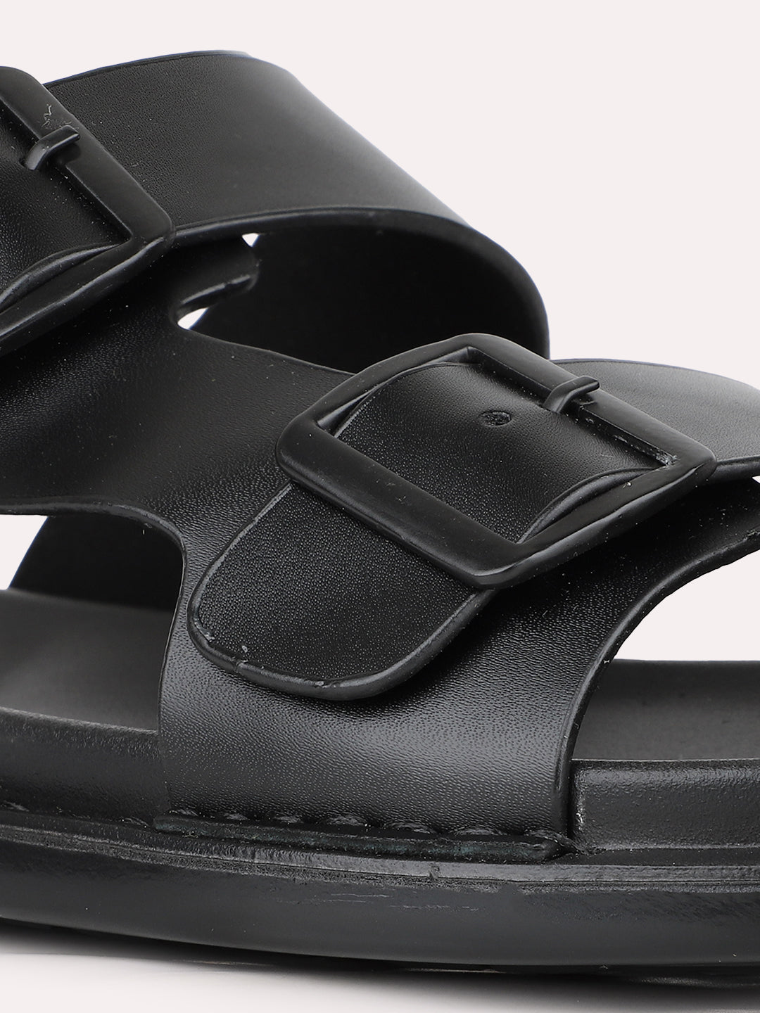 Mens Black Solid Round Toe Casual Flat Sandals