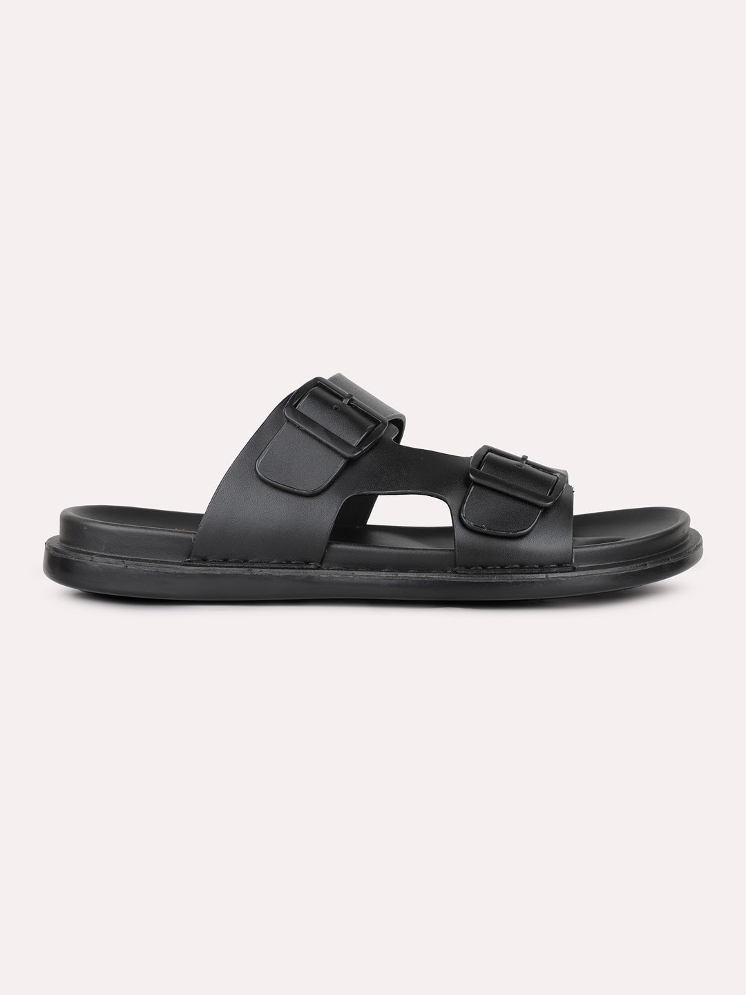 Mens Black Solid Round Toe Casual Flat Sandals