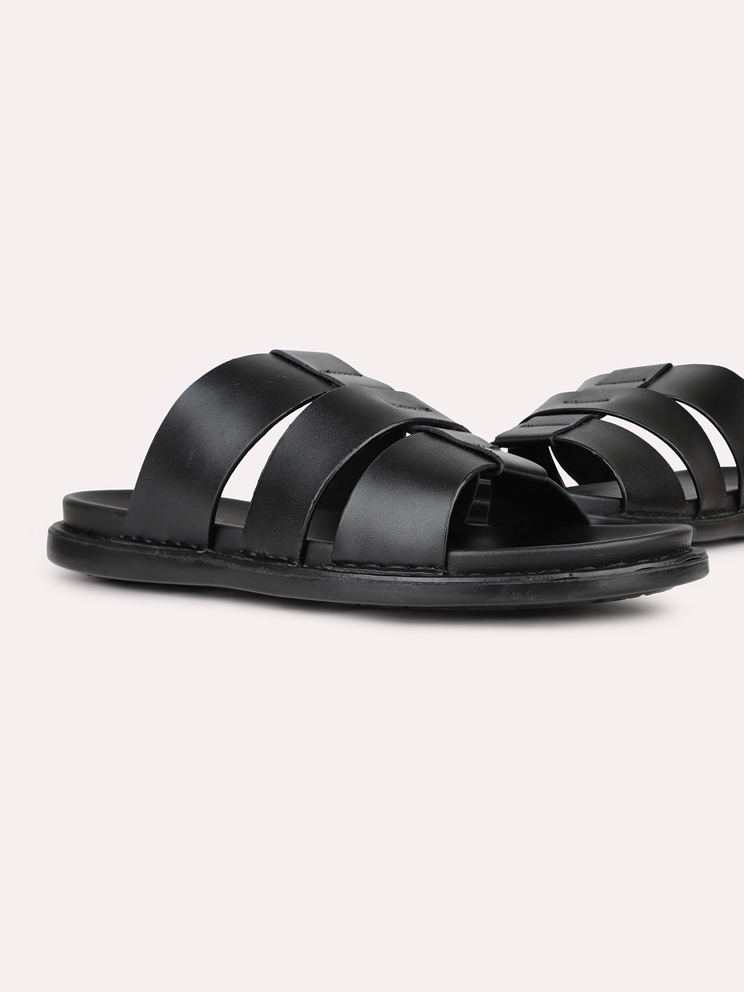 Mens Black Solid Round Toe Casual Slip-On Flat Sandals