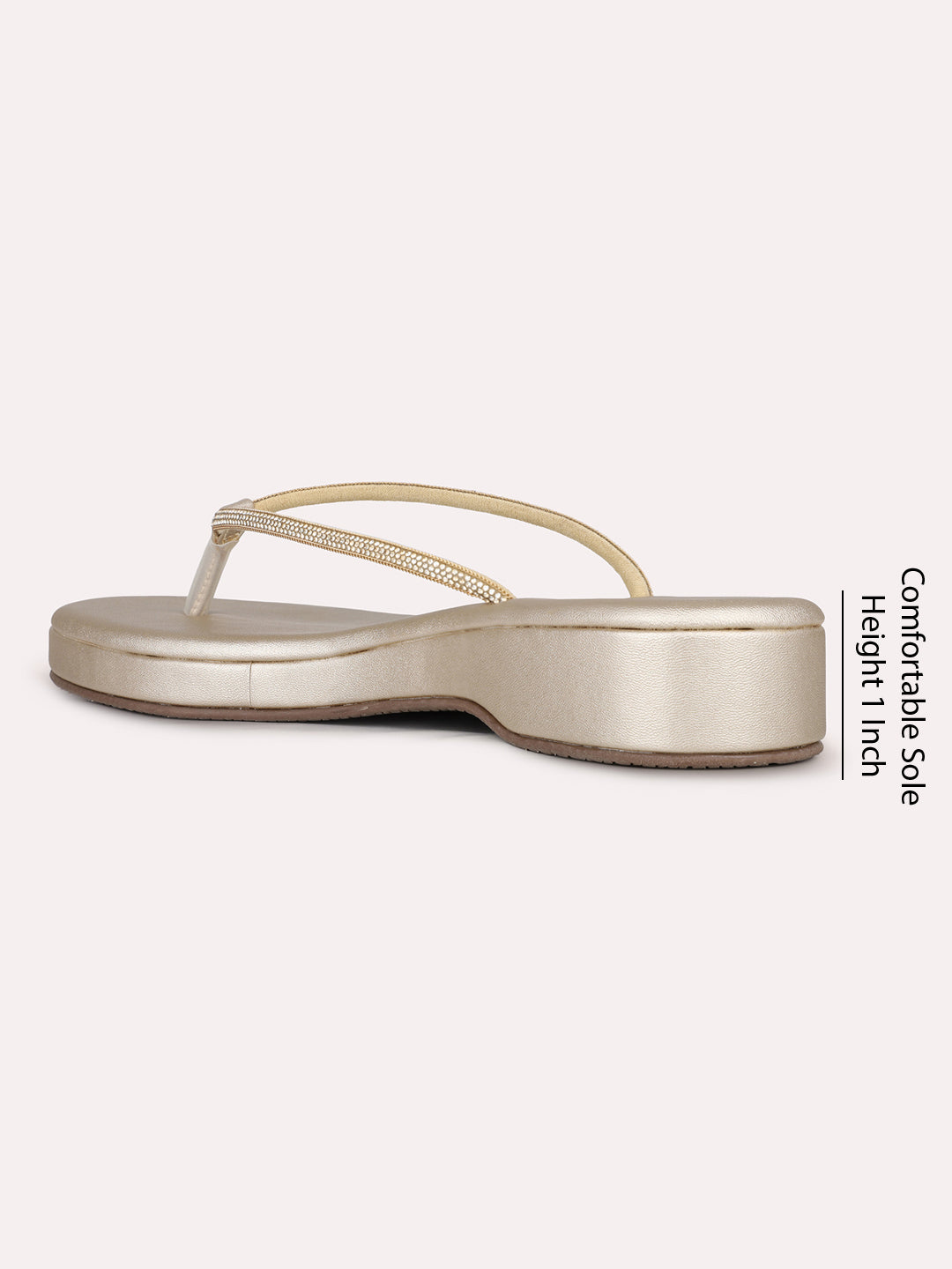 Womens Golden Ethnic Solid T-Strap Flats