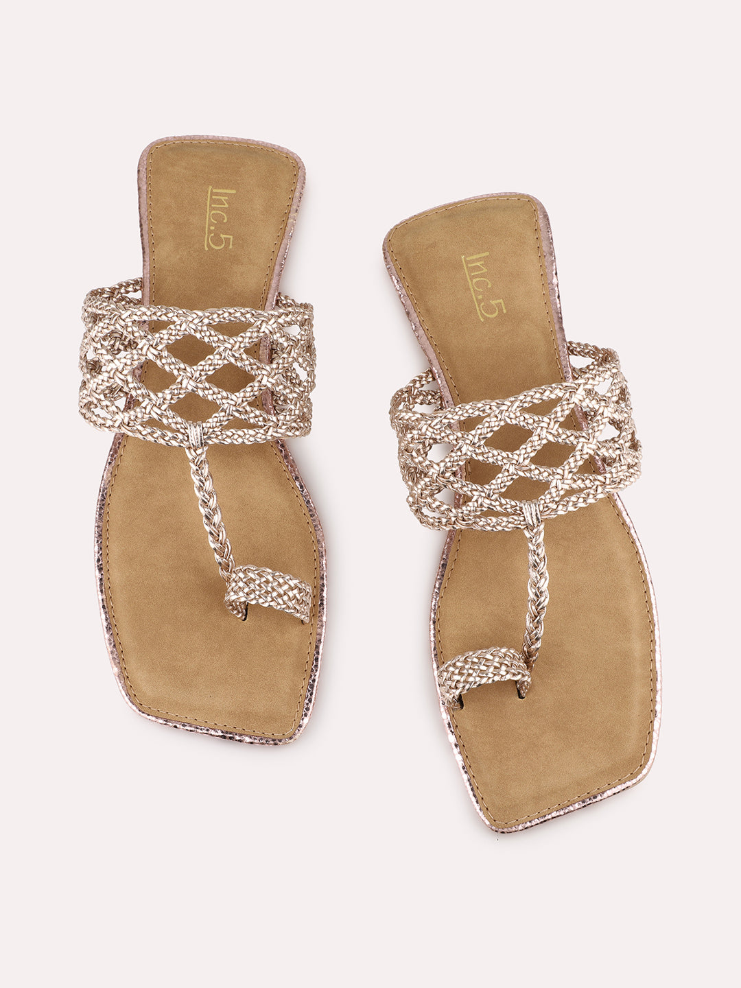 Womens Rose Gold Ethnic Striped Round Toe Flats