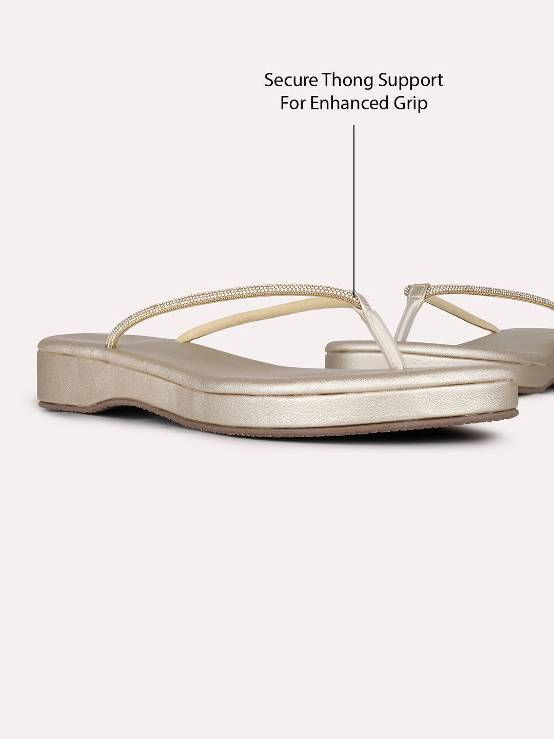 Womens Golden Ethnic Solid T-Strap Flats