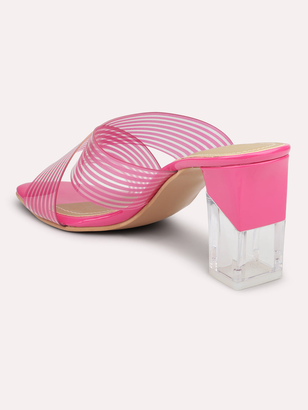 Women Rani Pink Transparent & Pink-Toned Striped Block Heels