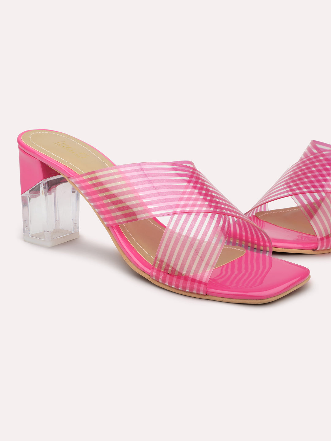 Women Rani Pink Transparent & Pink-Toned Striped Block Heels