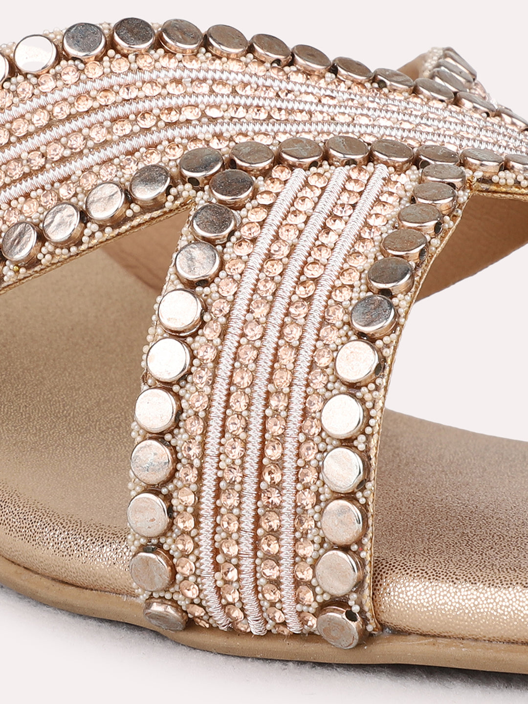 Womens Rose Gold Ethnic Embellished Square Toe Block Heels