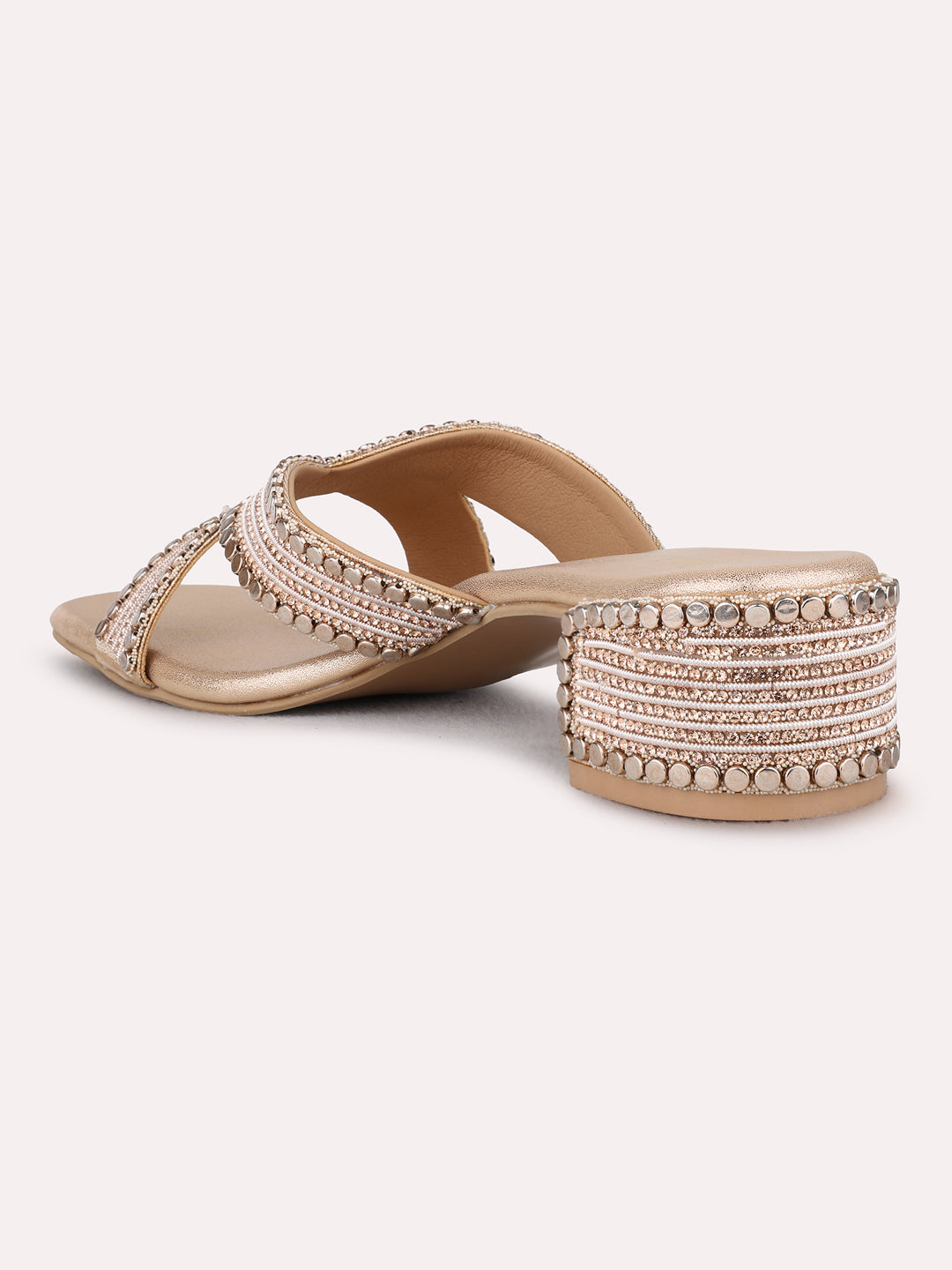Womens Rose Gold Ethnic Embellished Square Toe Block Heels