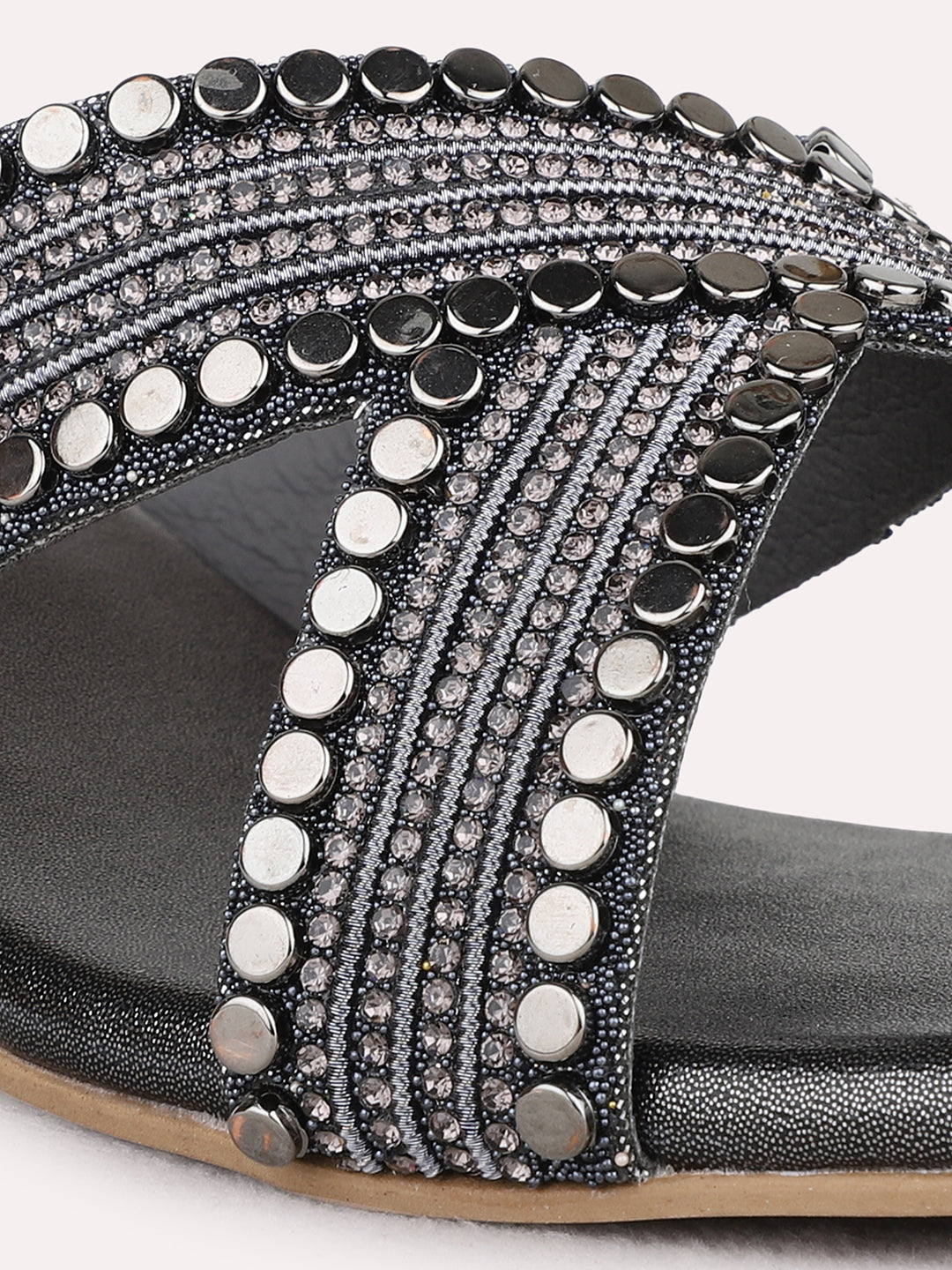 Womens Pewter Ethnic Embellished Square Toe Block Heels