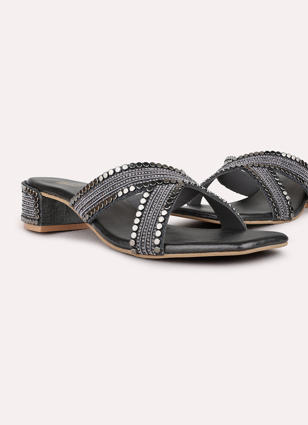 Womens Pewter Ethnic Embellished Square Toe Block Heels