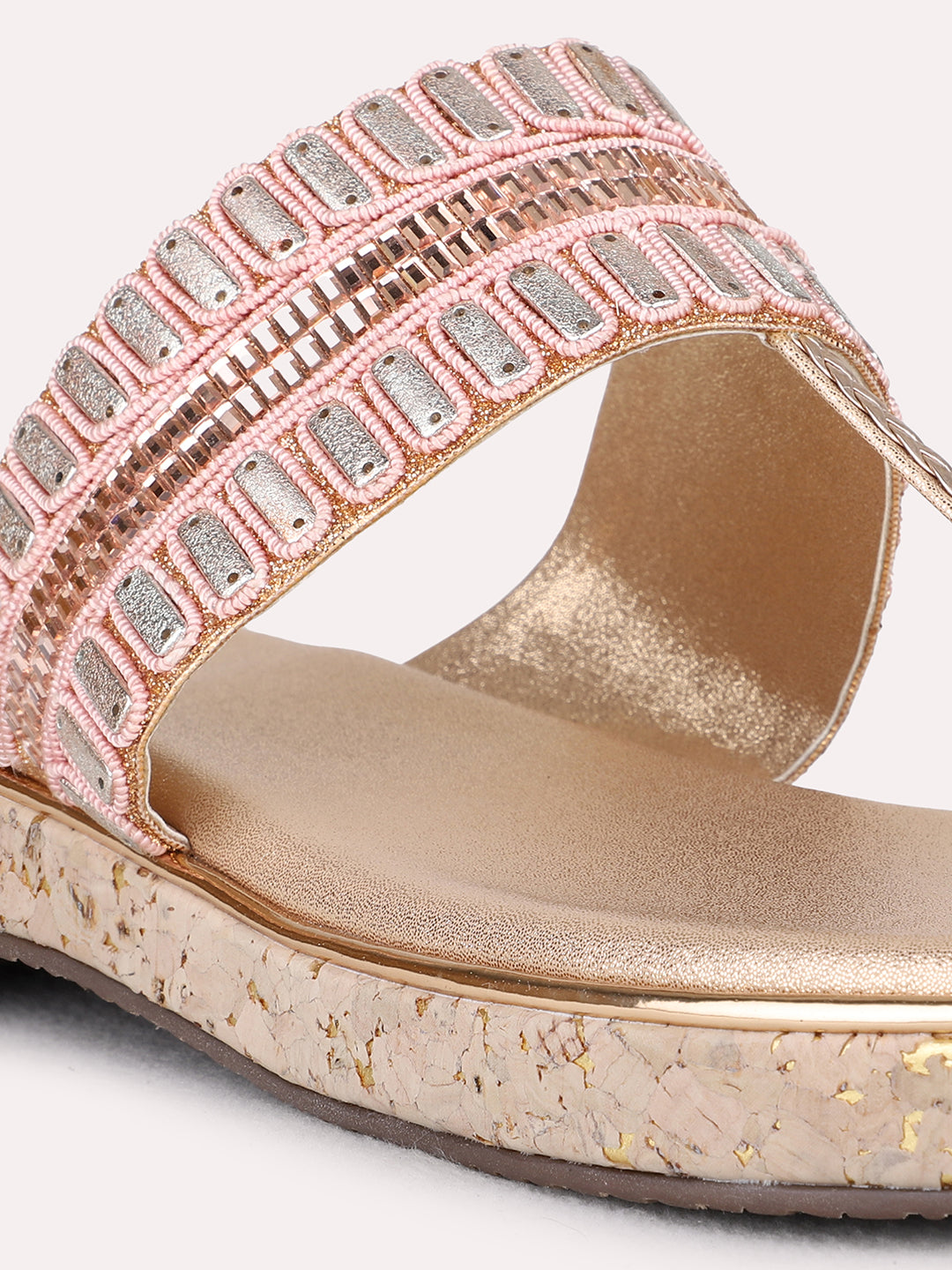 Womens Rose Gold Ethnic Embellished One Toe Flat Slip-Ons
