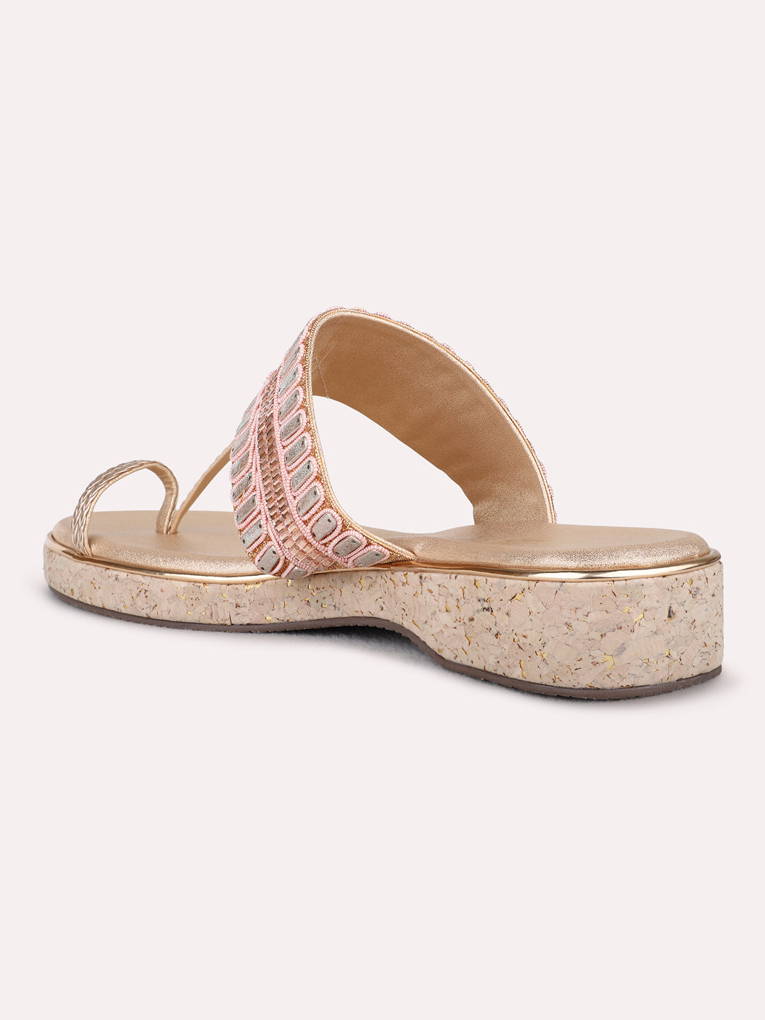 Womens Rose Gold Ethnic Embellished One Toe Flat Slip-Ons