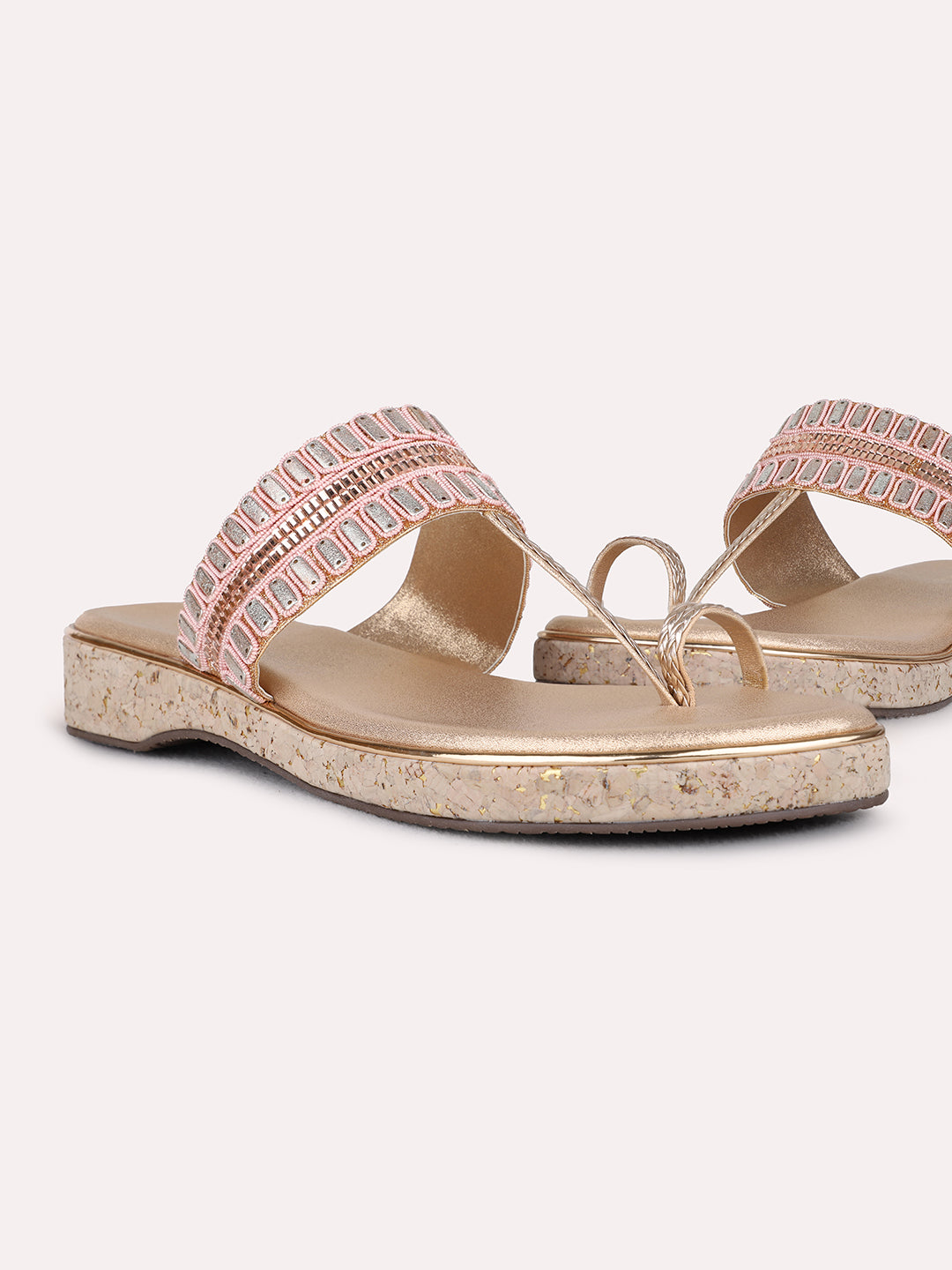 Womens Rose Gold Ethnic Embellished One Toe Flat Slip-Ons