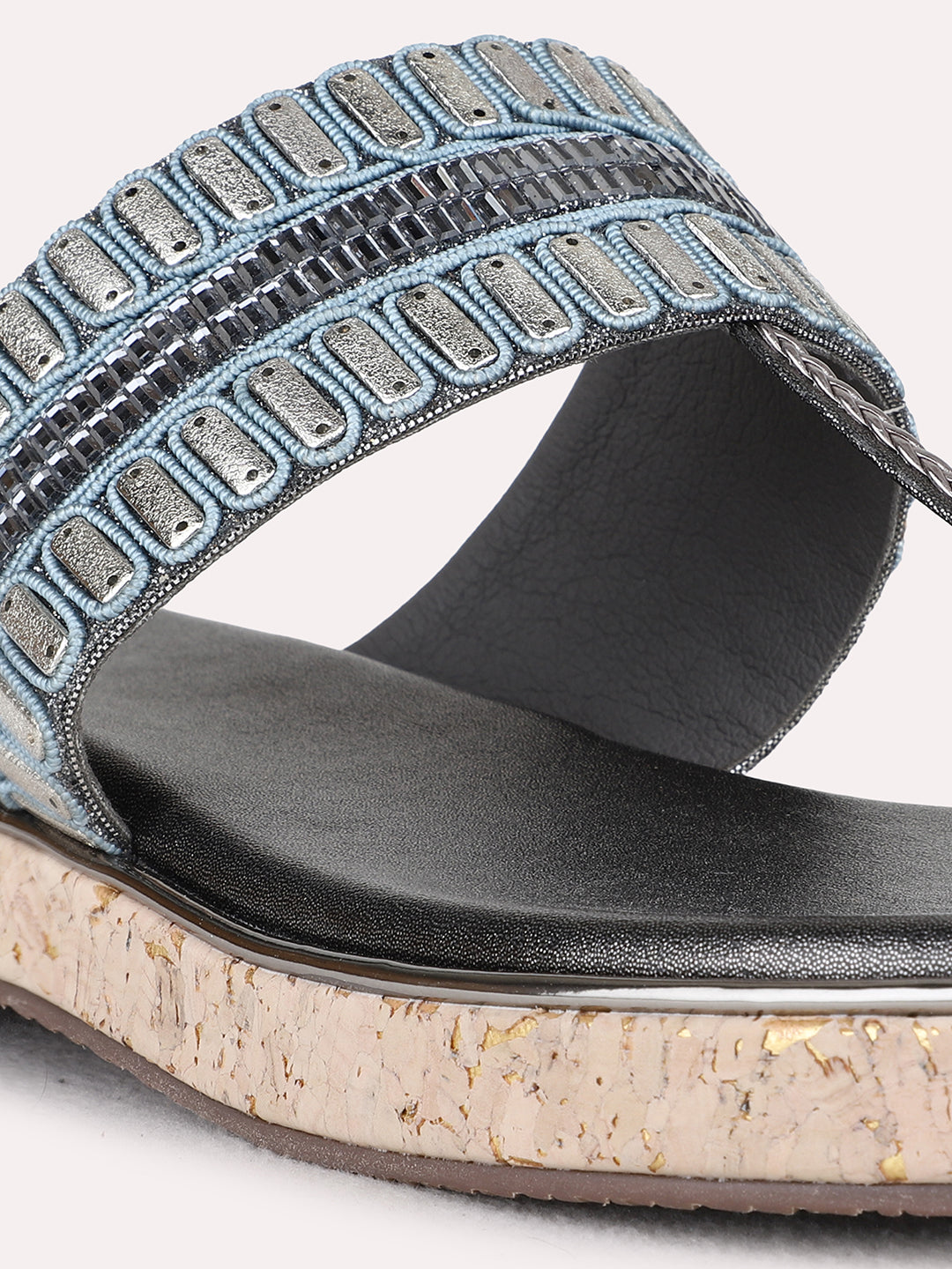 Womens Pewter Ethnic Embellished One Toe Flat Slip-Ons