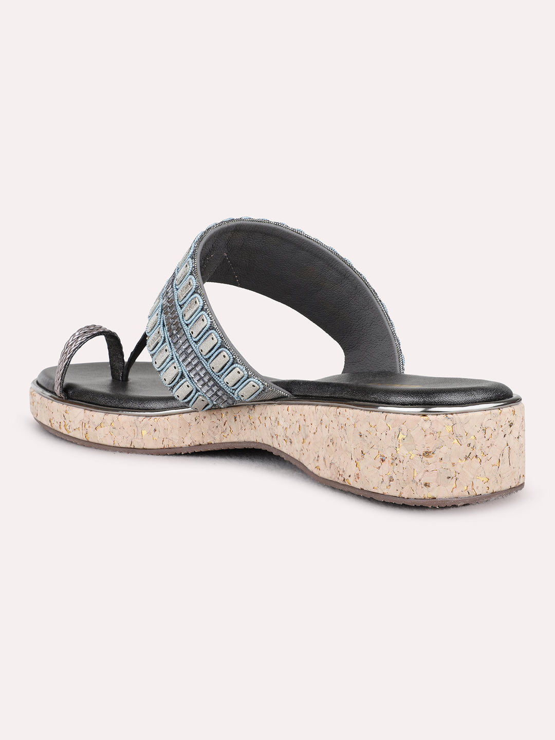 Womens Pewter Ethnic Embellished One Toe Flat Slip-Ons