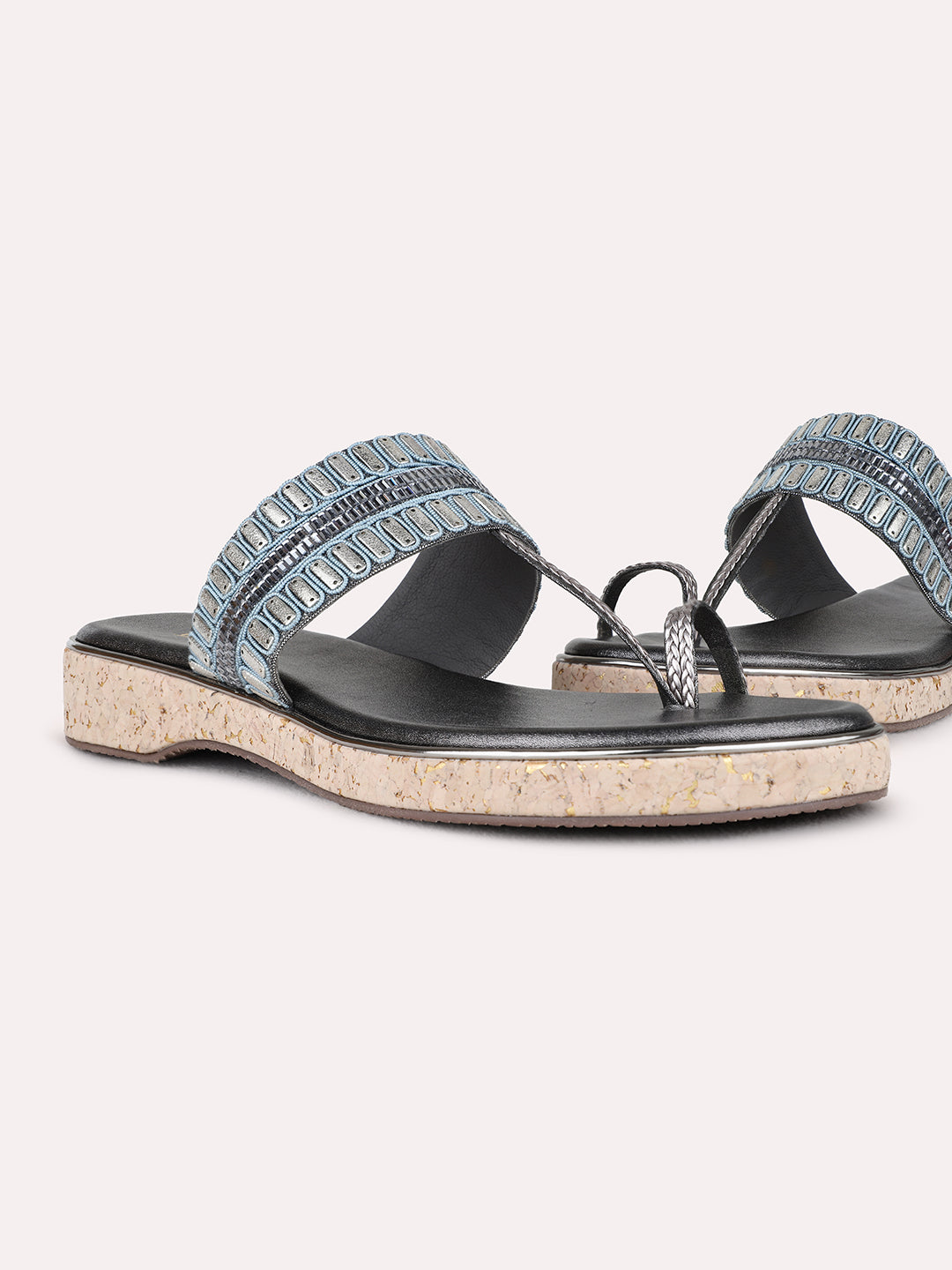 Womens Pewter Ethnic Embellished One Toe Flat Slip-Ons