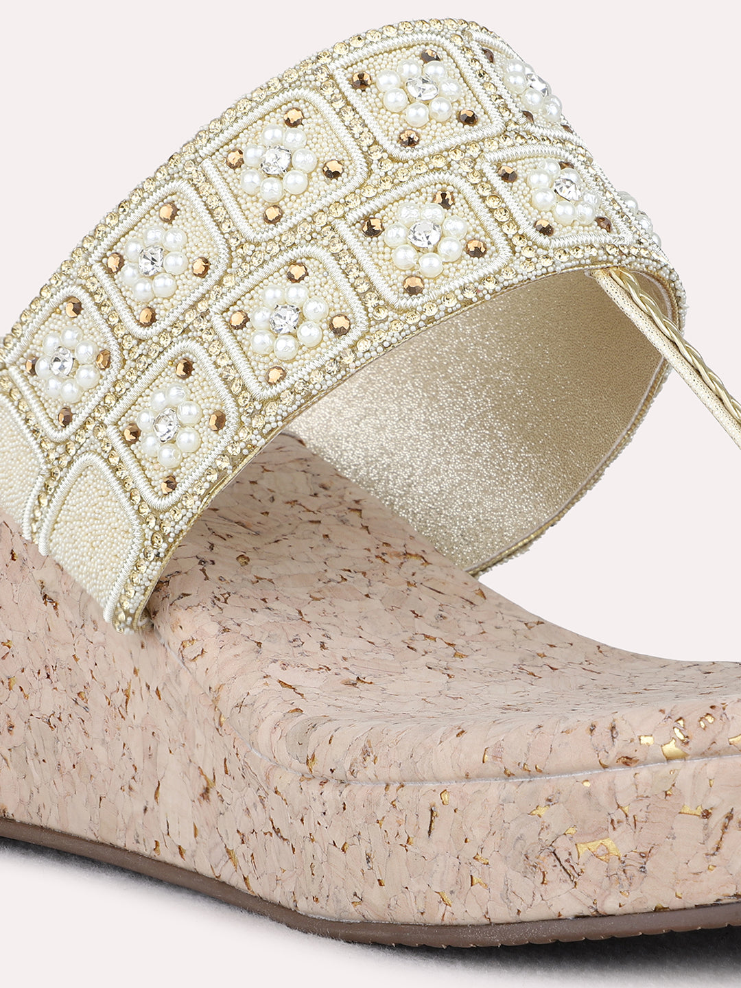 Womens Golden Ethnic Embellished Round Toe Wedges