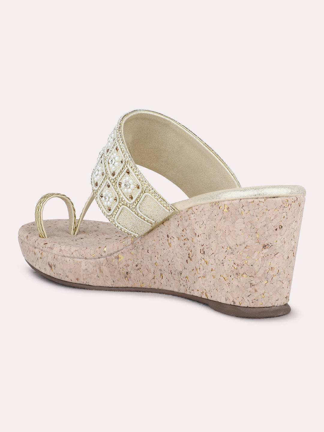 Womens Golden Ethnic Embellished Round Toe Wedges
