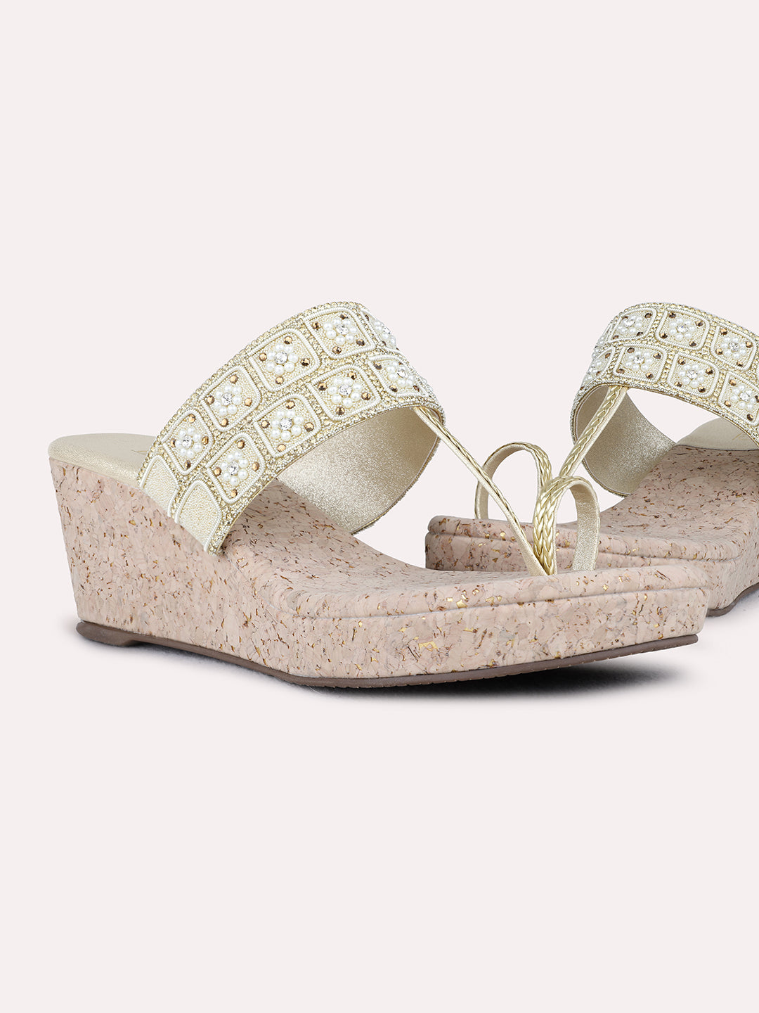 Womens Golden Ethnic Embellished Round Toe Wedges