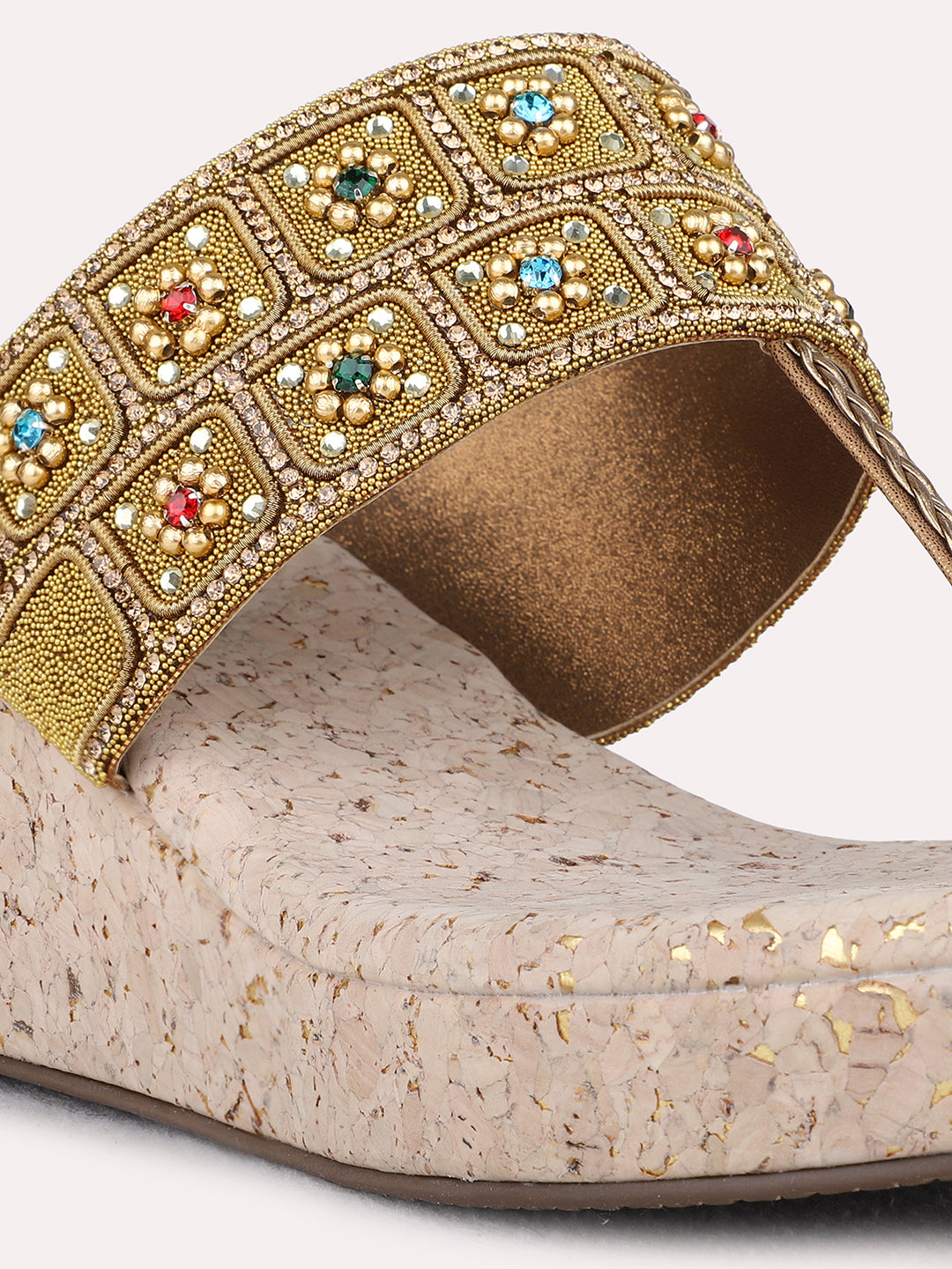 Womens Golden Ethnic Embellished Pattern Round Toe Wedges