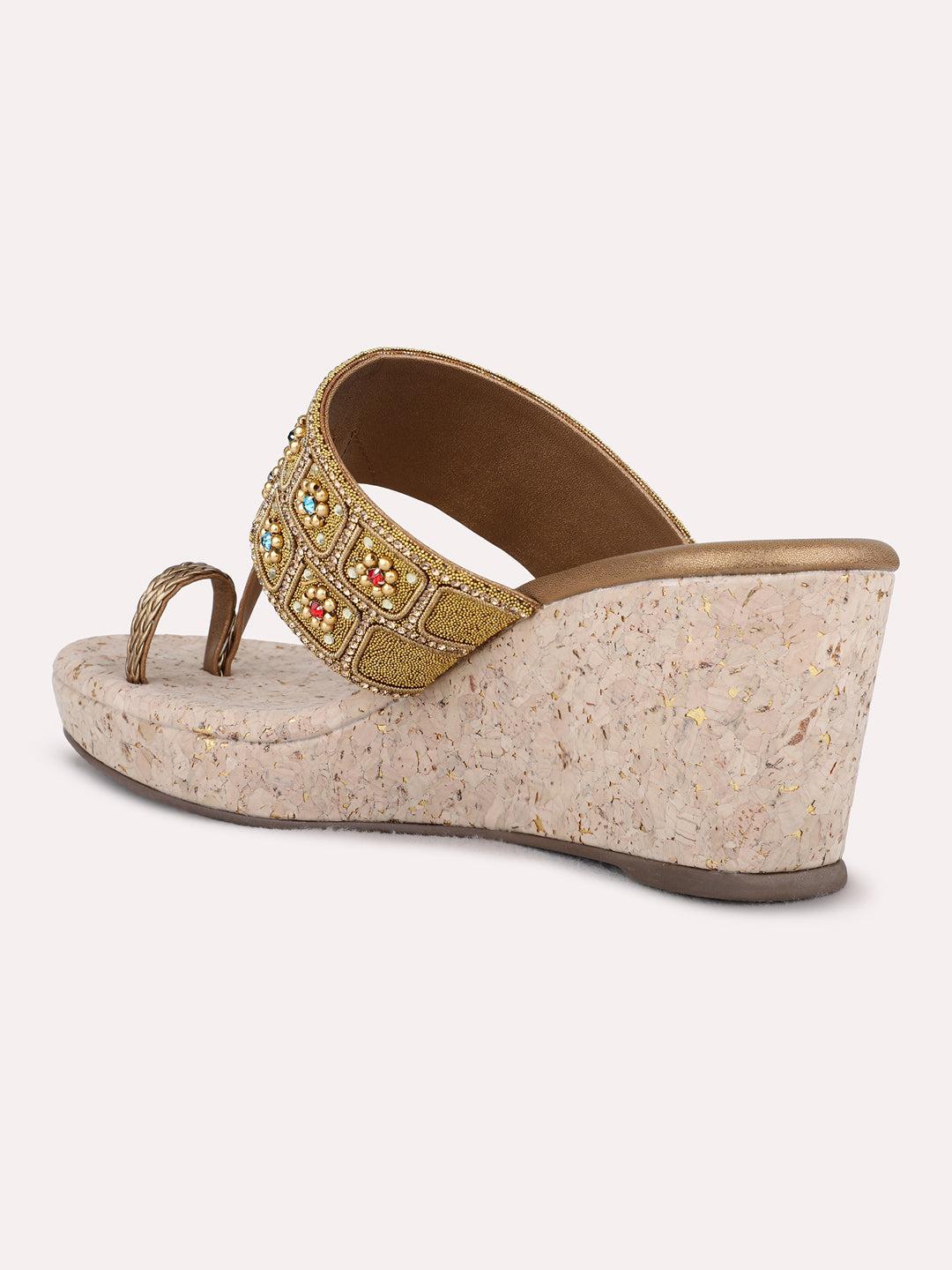 Womens Golden Ethnic Embellished Pattern Round Toe Wedges