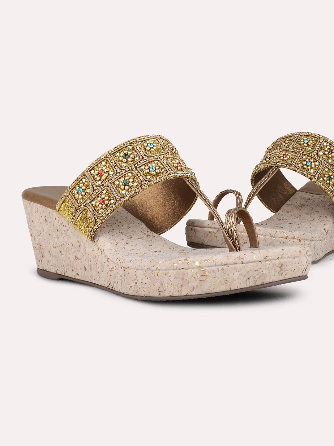 Womens Golden Ethnic Embellished Pattern Round Toe Wedges