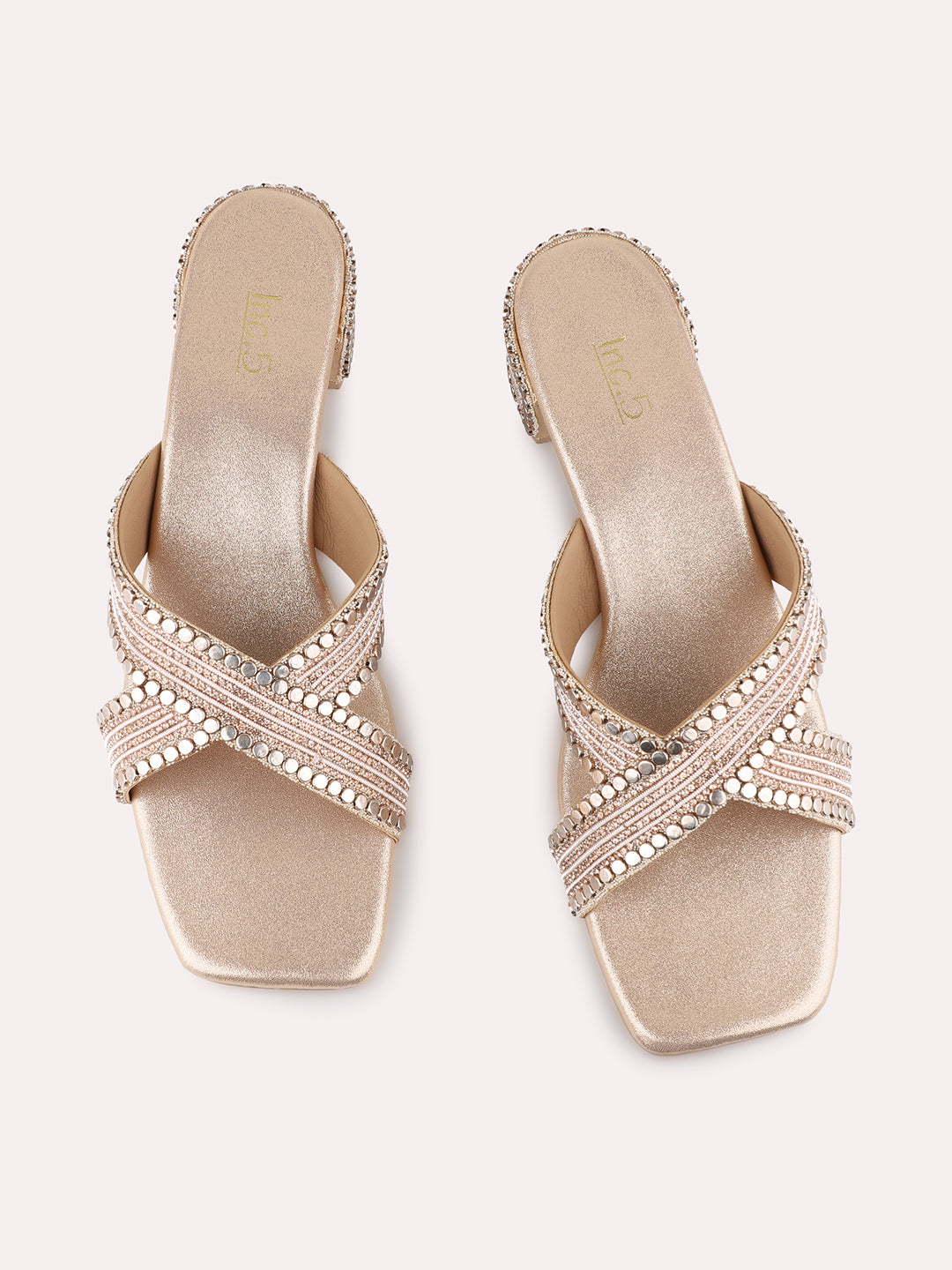 Womens Rose Gold Ethnic Embellished Square Toe Block Heels