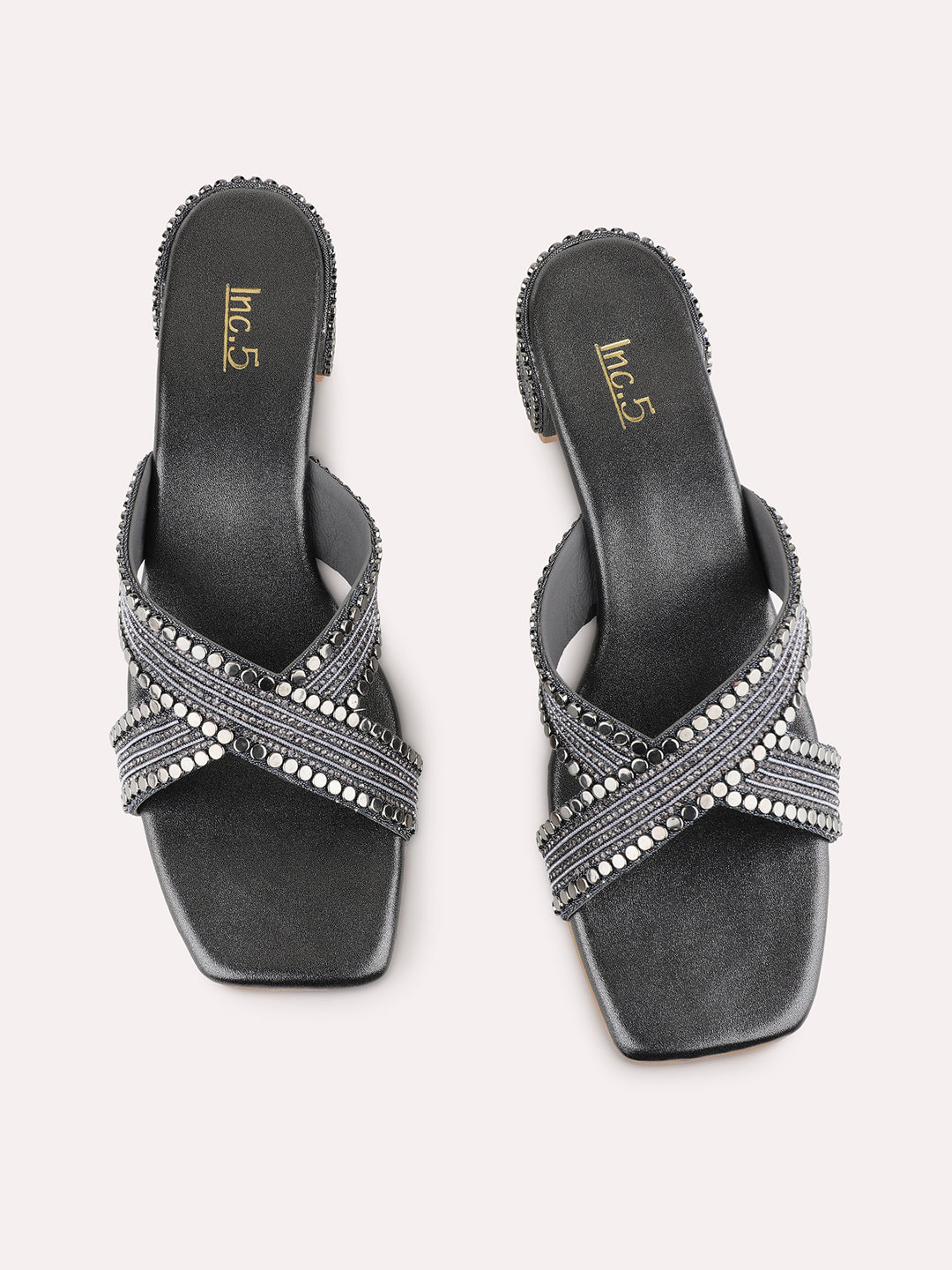 Womens Pewter Ethnic Embellished Square Toe Block Heels