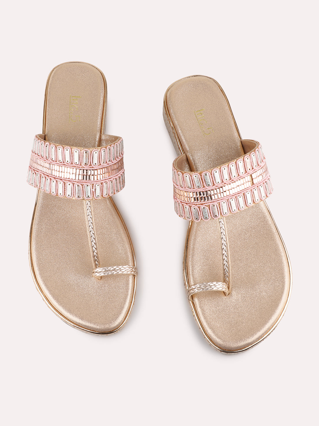 Womens Rose Gold Ethnic Embellished One Toe Flat Slip-Ons