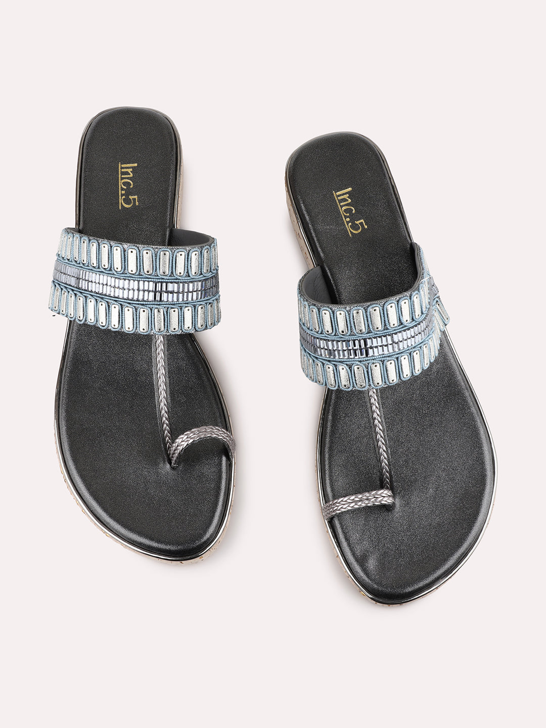 Womens Pewter Ethnic Embellished One Toe Flat Slip-Ons