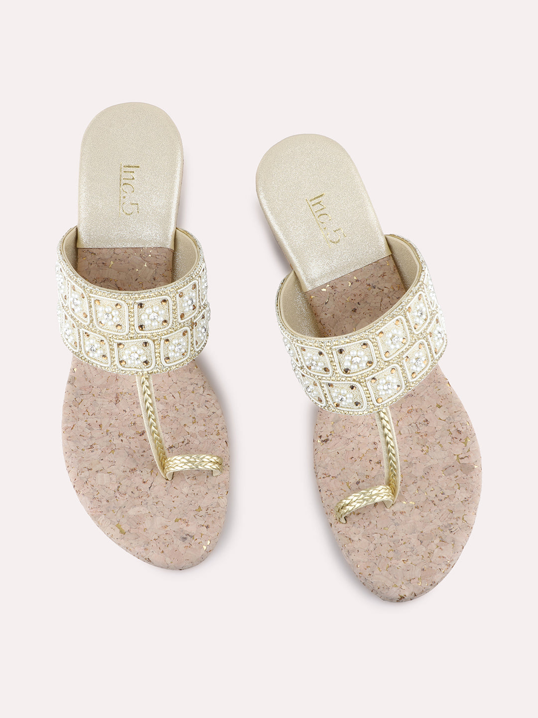 Womens Golden Ethnic Embellished Round Toe Wedges