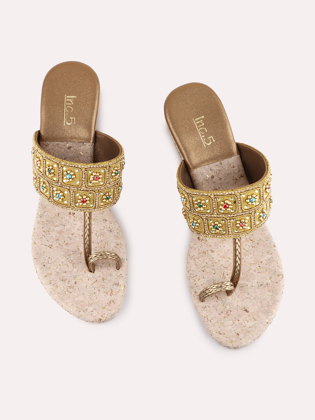 Womens Golden Ethnic Embellished Pattern Round Toe Wedges