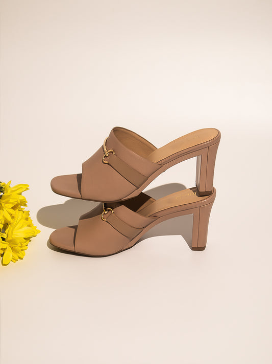 Women Beige Solid Buckle Detail Block Heels