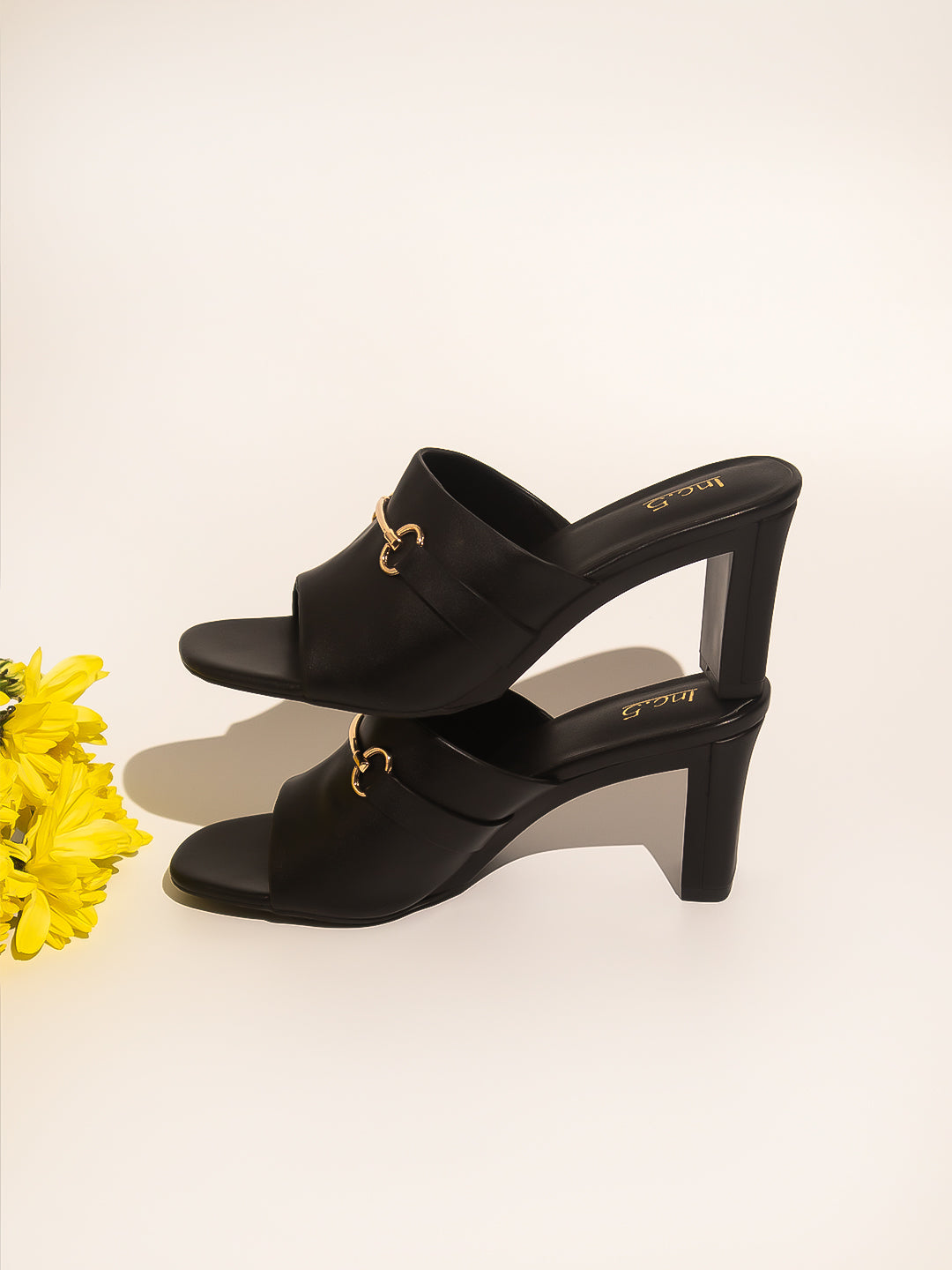 Women Black Solid Buckle Detail Block Heels