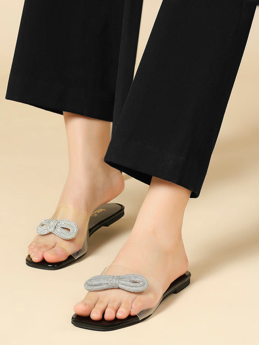 Women Black And Silver-Toned Transparent Open Toe Flats