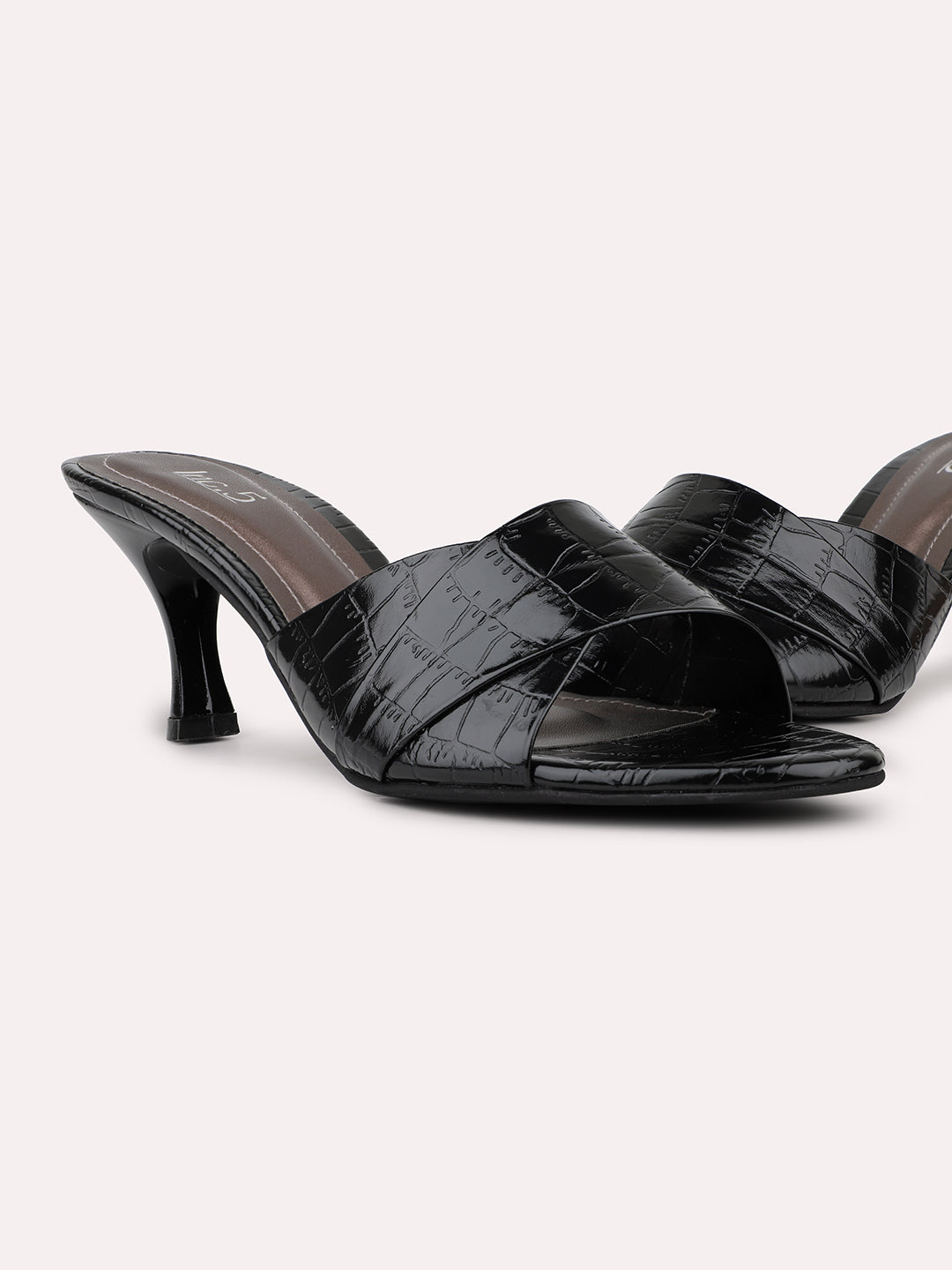 Womens Black Party Wear Solid Square Toe Mules