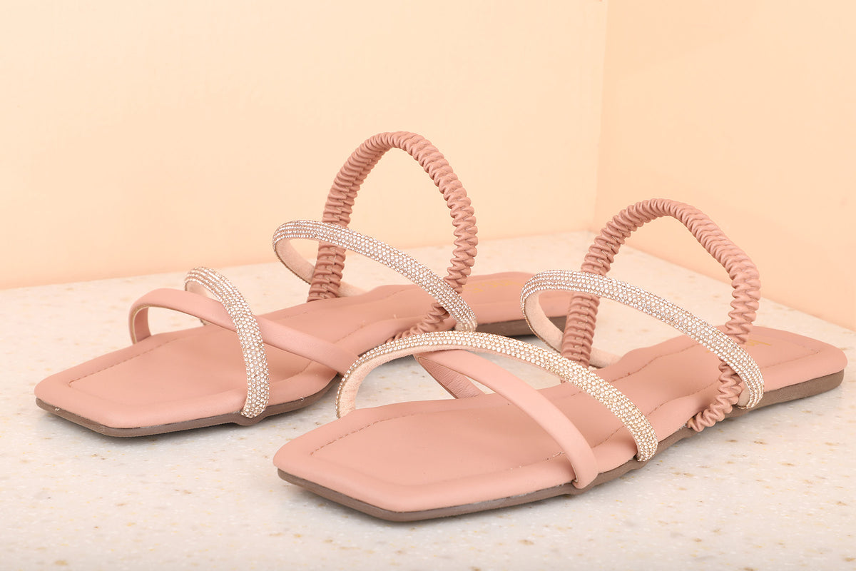 Women Peach Embellished Open Toe Flats